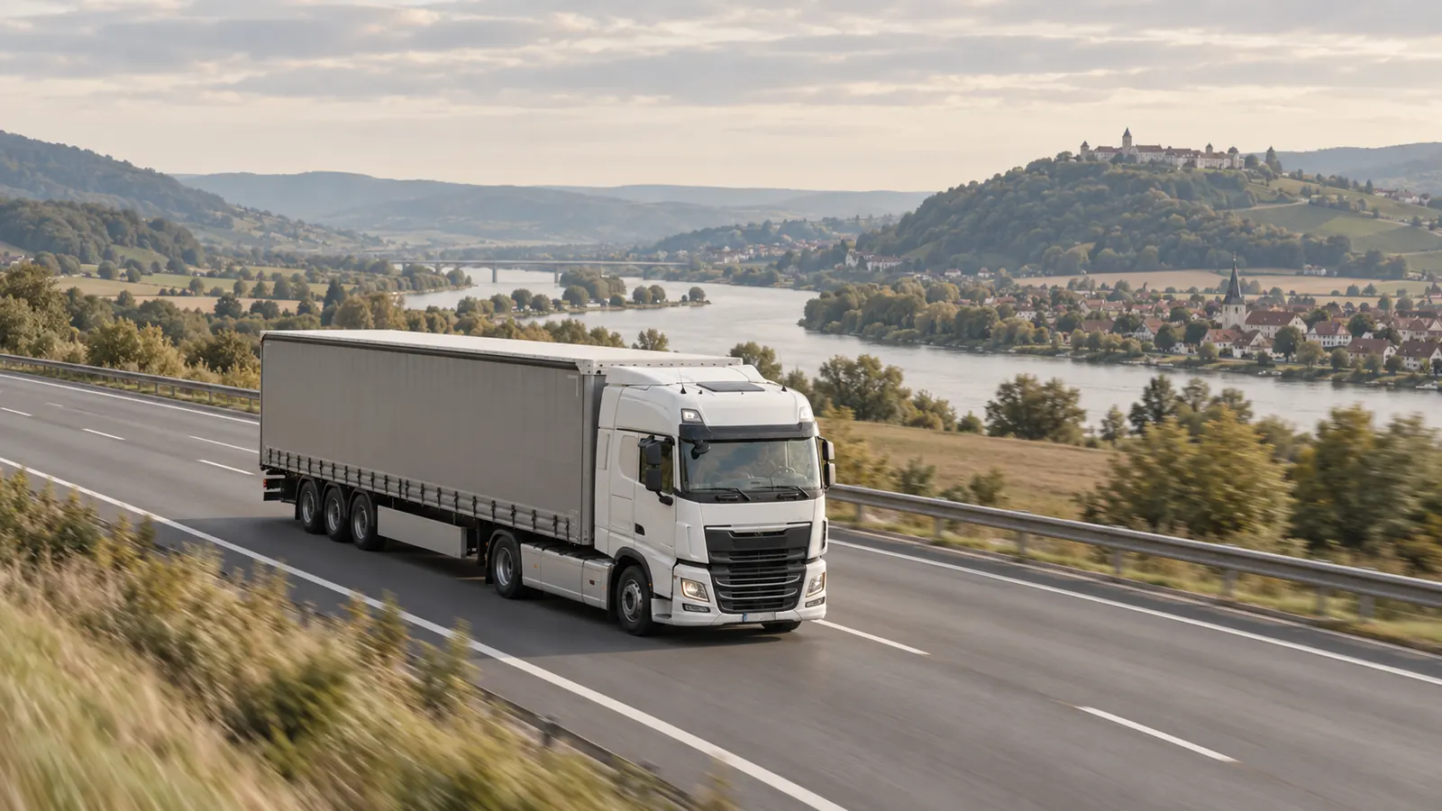 Truck on a motorway along a river valley