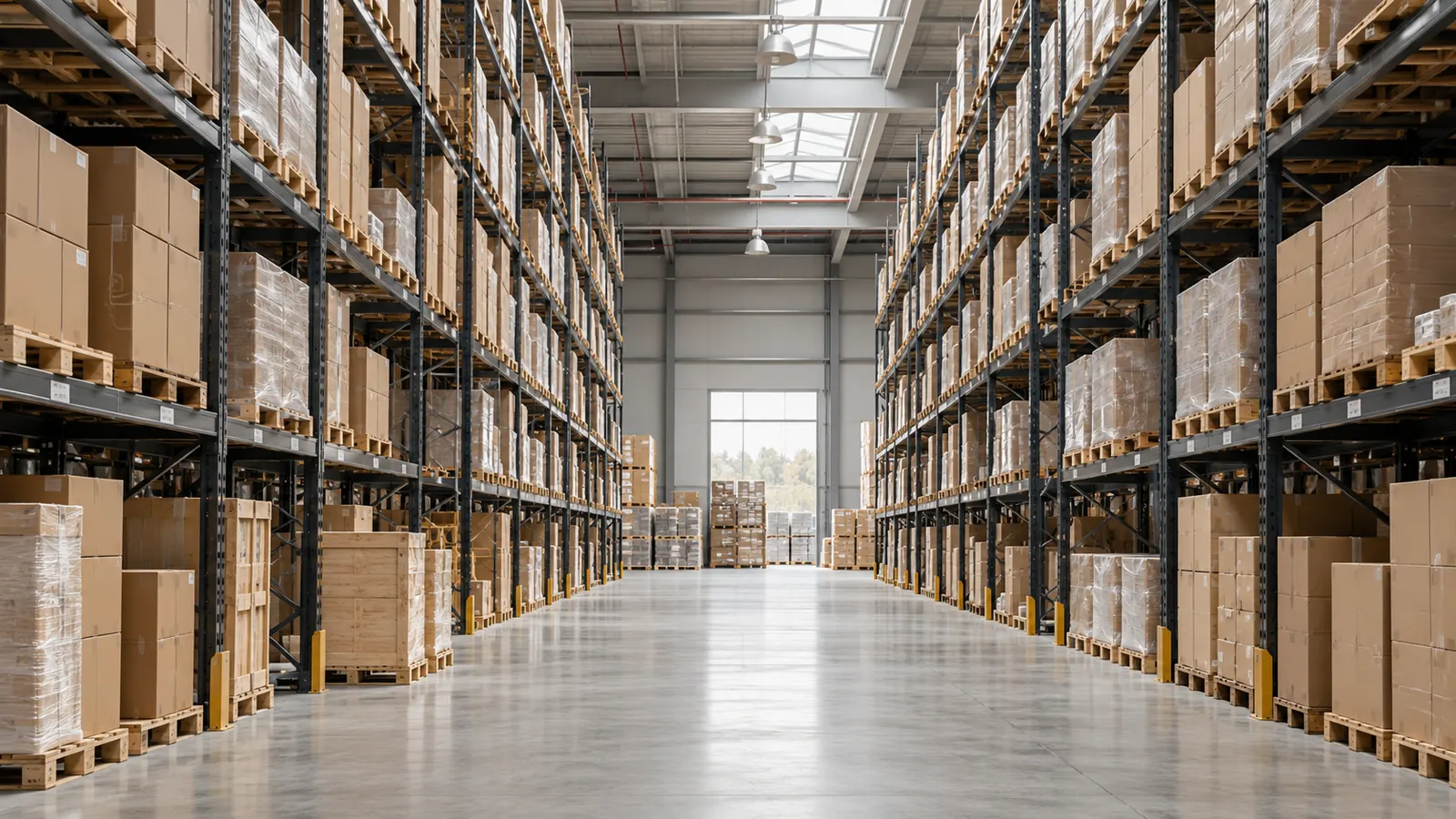 Warehouse aisle with pallet racking full of boxed goods